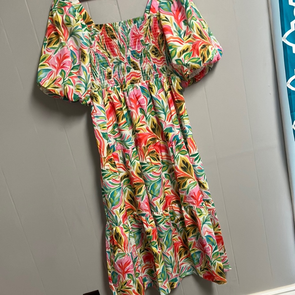 THML Tropical Floral Midi Dress in Pink, Green & Yellow
